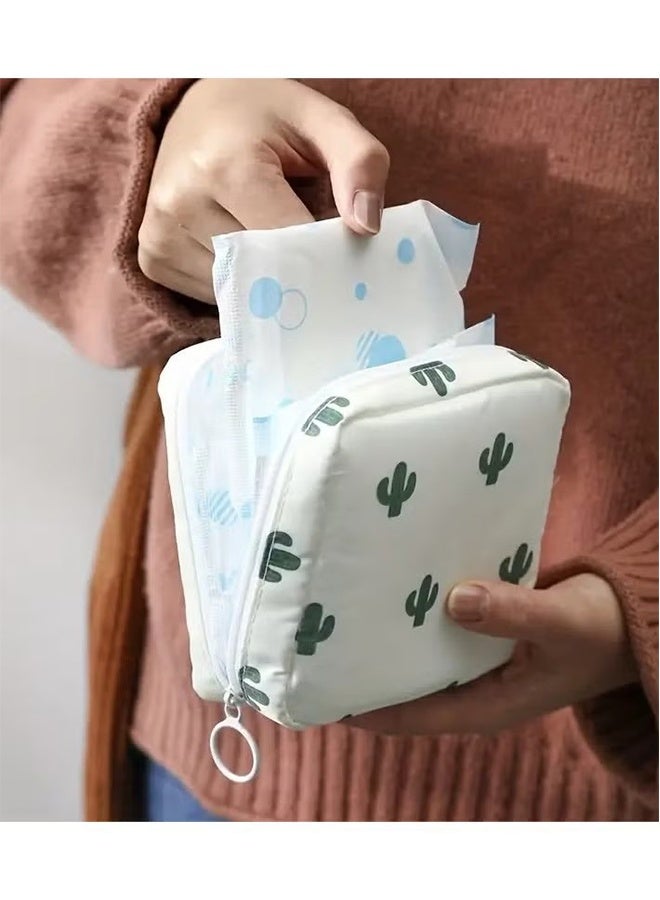 YJ 2pc Portable Waterproof Travel Storage Bag - Multi-Purpose Organizer for Sanitary Pads, Lipstick, Mini Cosmetic Bag, and Toiletries, Small Elegant Pouch for Women and Girls,Pink Peach/White Cactus - Image 4